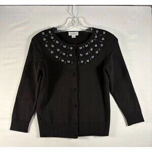 ANN TAYLOR LOFT Petites Black Embellished Cardigan Button Up Women Sweater  SP